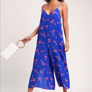 Lulu’s Tropical Time Cobalt Blue Floral Print Swim Cover-Up Jumpsuit NWT